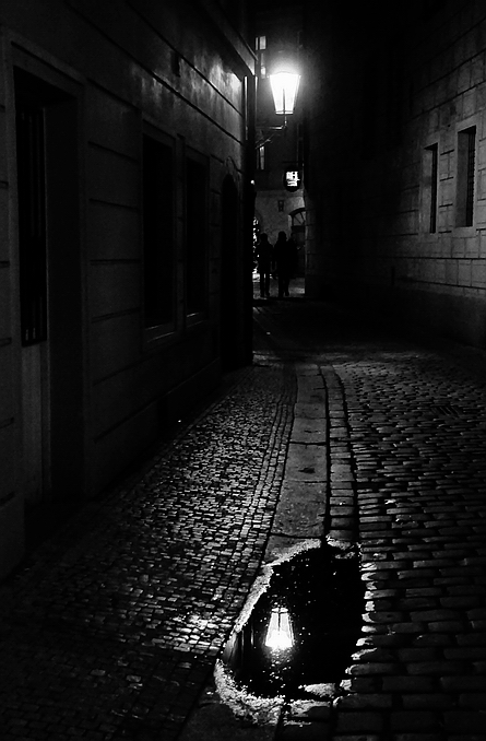 photo "Ночной фонарь и лужа" tags: black&white, Prag, Prague, Praha