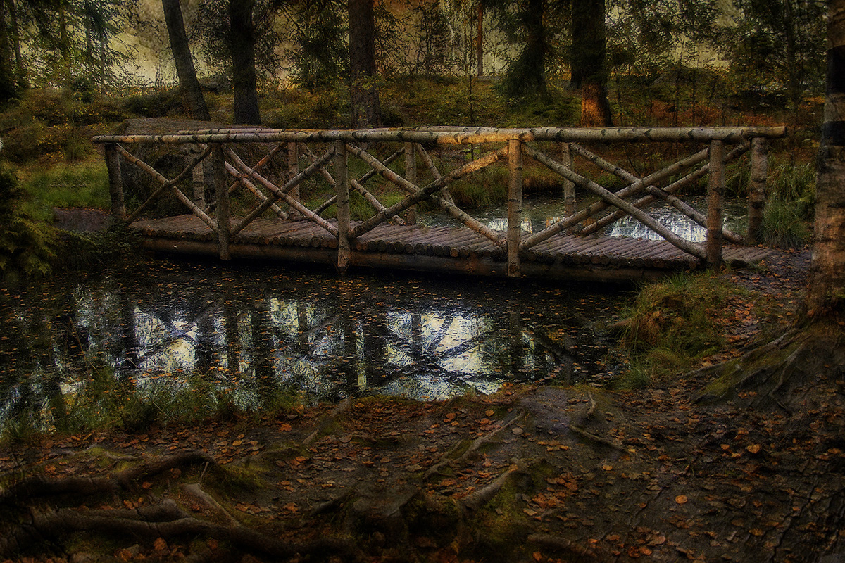 фото "Мостик" метки: digital art, пейзаж, Монрепо, зарисовка, мост, осень, отражения, пруд