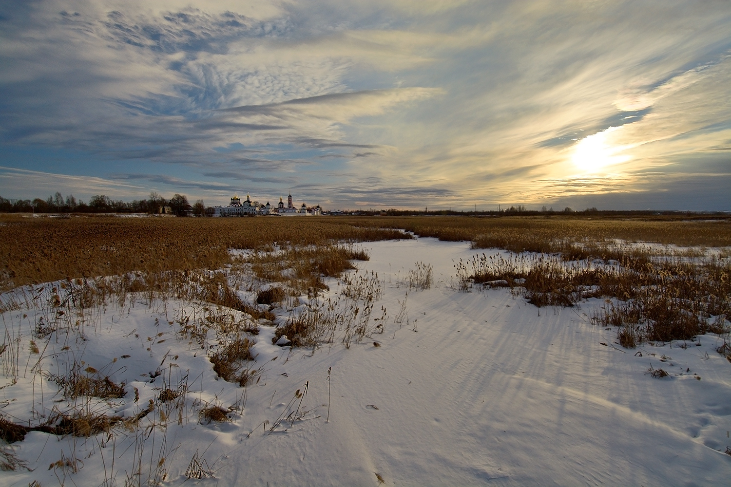 photo "***" tags: landscape, river, sky, winter, монастырь, солнце.