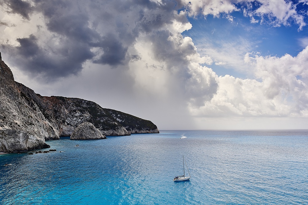 photo "***" tags: landscape, travel, Greece, clouds, sea, ship, sky, water, отражение, парус, тучи