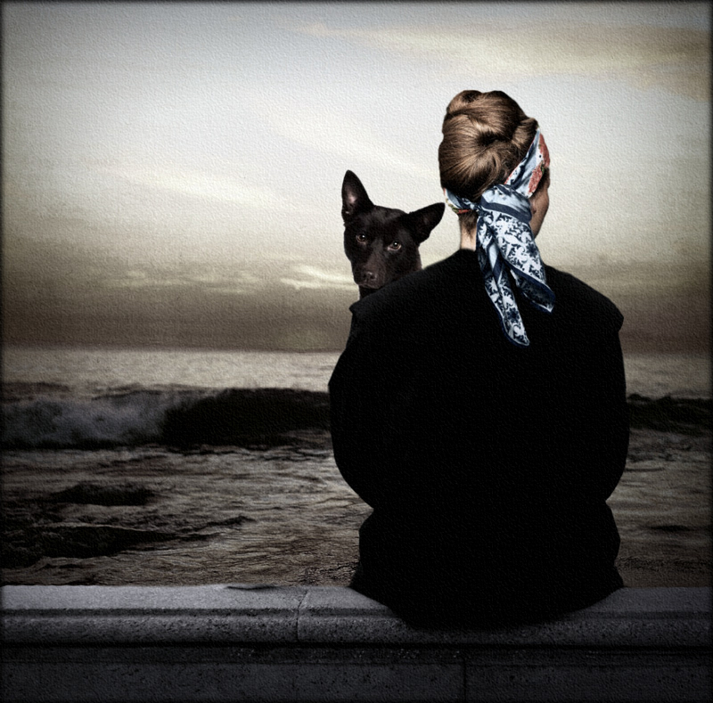photo "Looking at the sea..." tags: genre, digital art, dog, feeling, nostalgia, woman