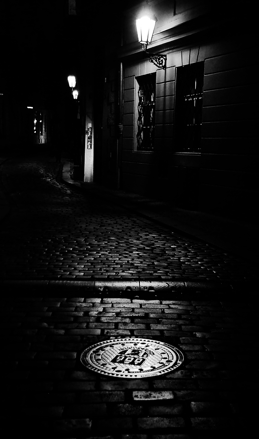 photo "Ночной фонарь, kрышка канализационного люка и мостовая" tags: black&white, Prag, Prague, Praha