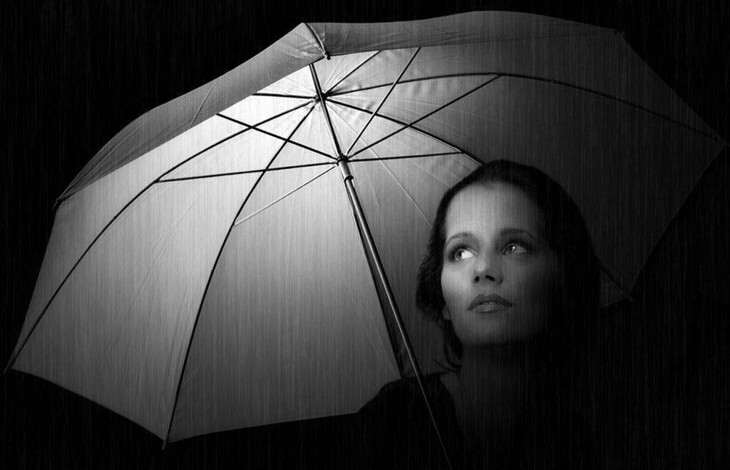 photo "It is raining..." tags: digital art, portrait, black&white, Conceptual, black  white, rain, woman