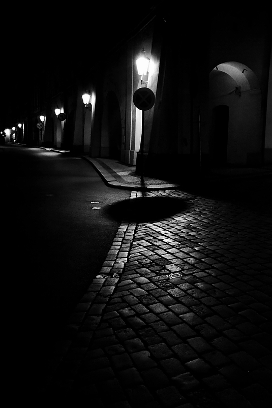 photo "Ночные фонари, доро́жный знак и улица" tags: black&white, Prag, Prague, Praha