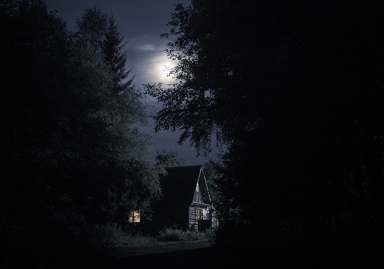 Тихого свет луны. Ночь в деревне. Домик в лесу ночью. Дом в лесу ночью. Маленький домик в лесу ночью.