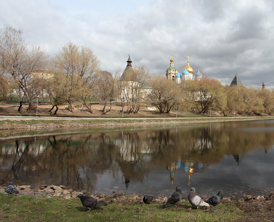 фото "Вид на Новоспасский монастырь" метки: пейзаж, природа, город, Россия, весна, голуби, монастырь, облака, пруд