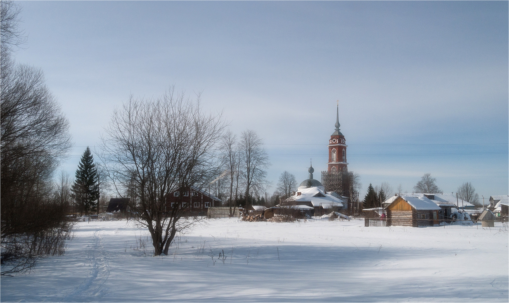 photo "***" tags: landscape, architecture, nature, sky, snow, village, деревья, церковь, человек