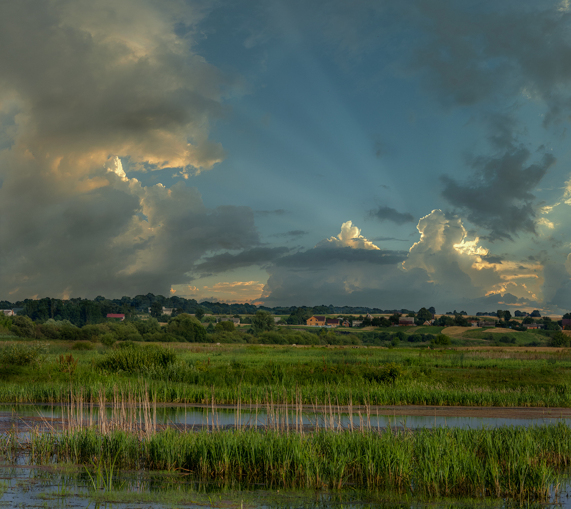 photo "***" tags: landscape, panoramic, nature, clouds, evening, grass, sky, summer, water, луга, лучи