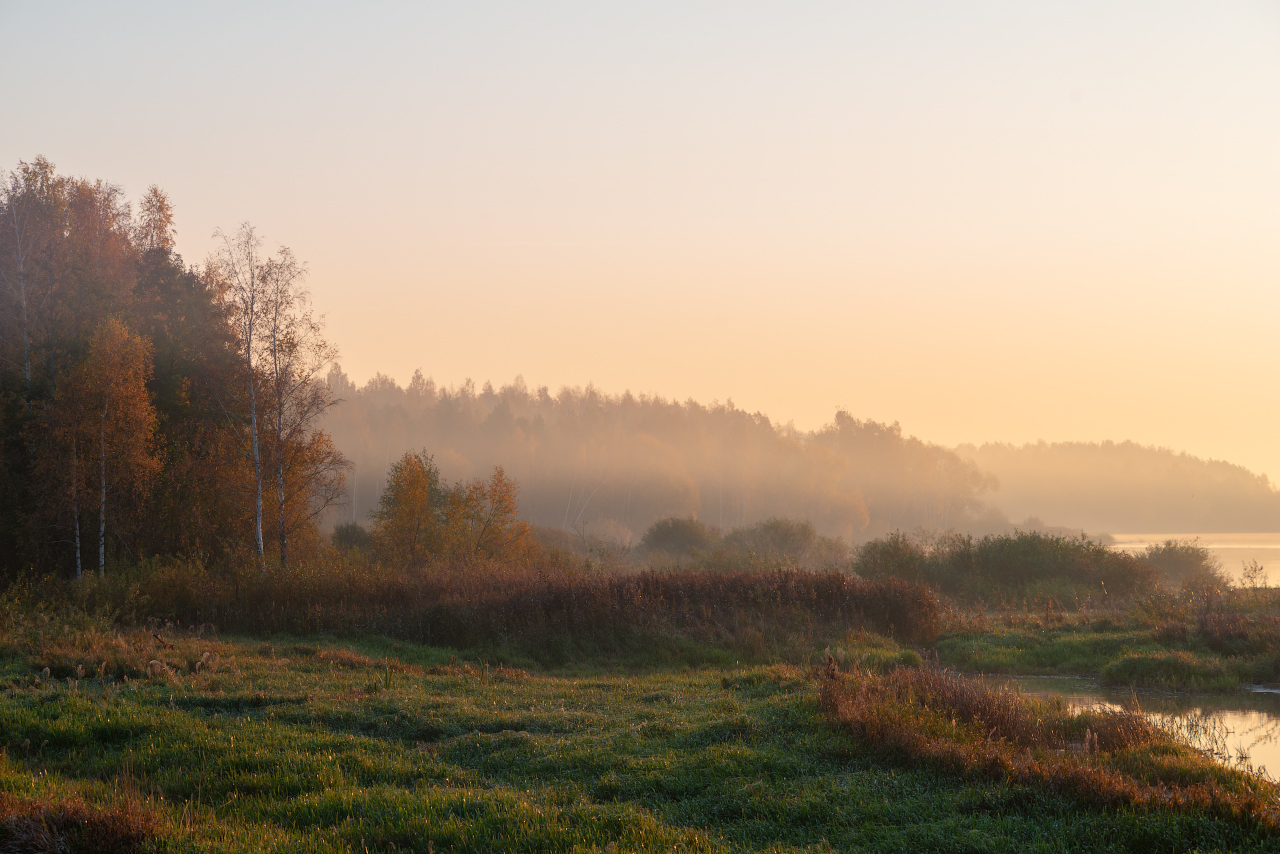 photo "***" tags: travel, nature, landscape, autumn, beach, fog, forest, lake, morning, river, sky, tree, water, Беларусь, Набережная, отражение