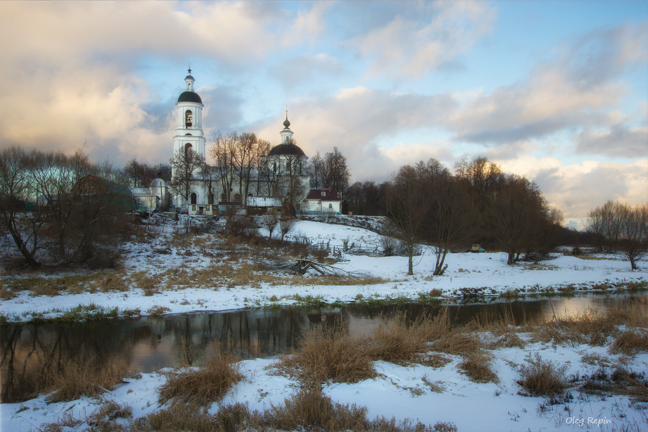 фото "***" метки: пейзаж, Шерна, вечер, зима, река, храм