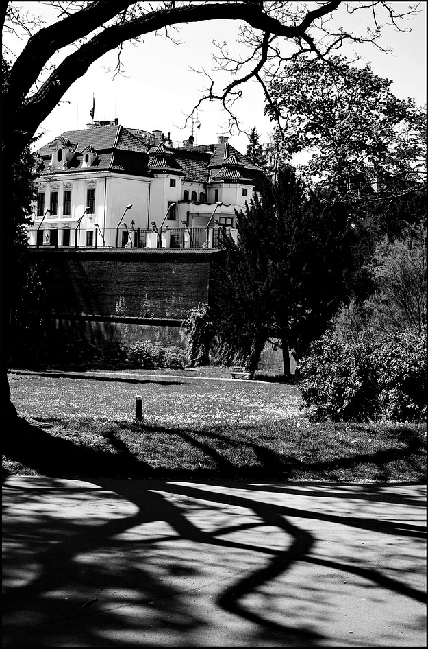 photo "Дом, дерево и тени" tags: black&white, Prag, Prague, Praha