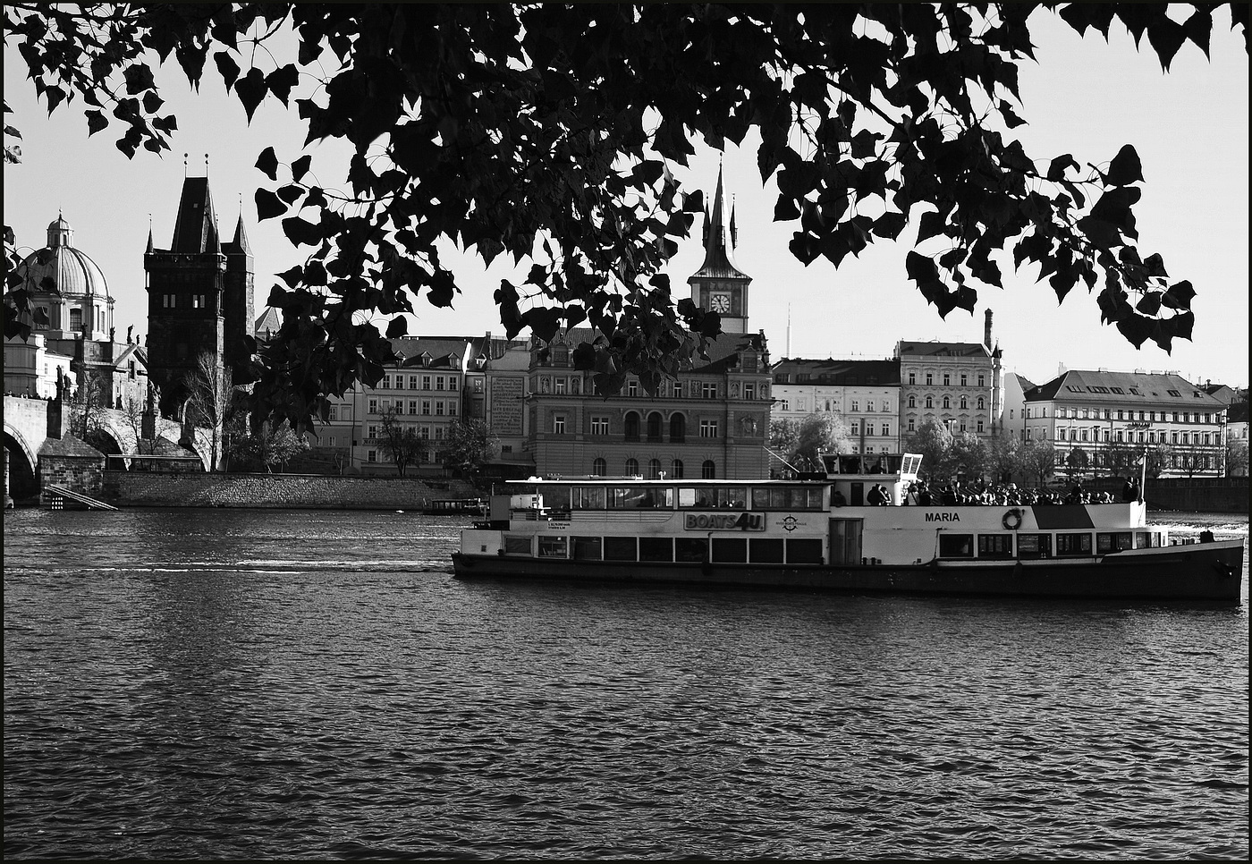 photo "Ветви, башни и пароход" tags: black&white, Prag, Prague, Praha