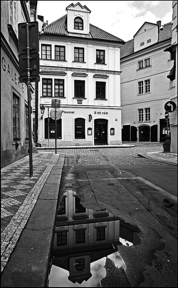 photo "Дома, улица и лужа" tags: black&white, Prag, Prague, Praha