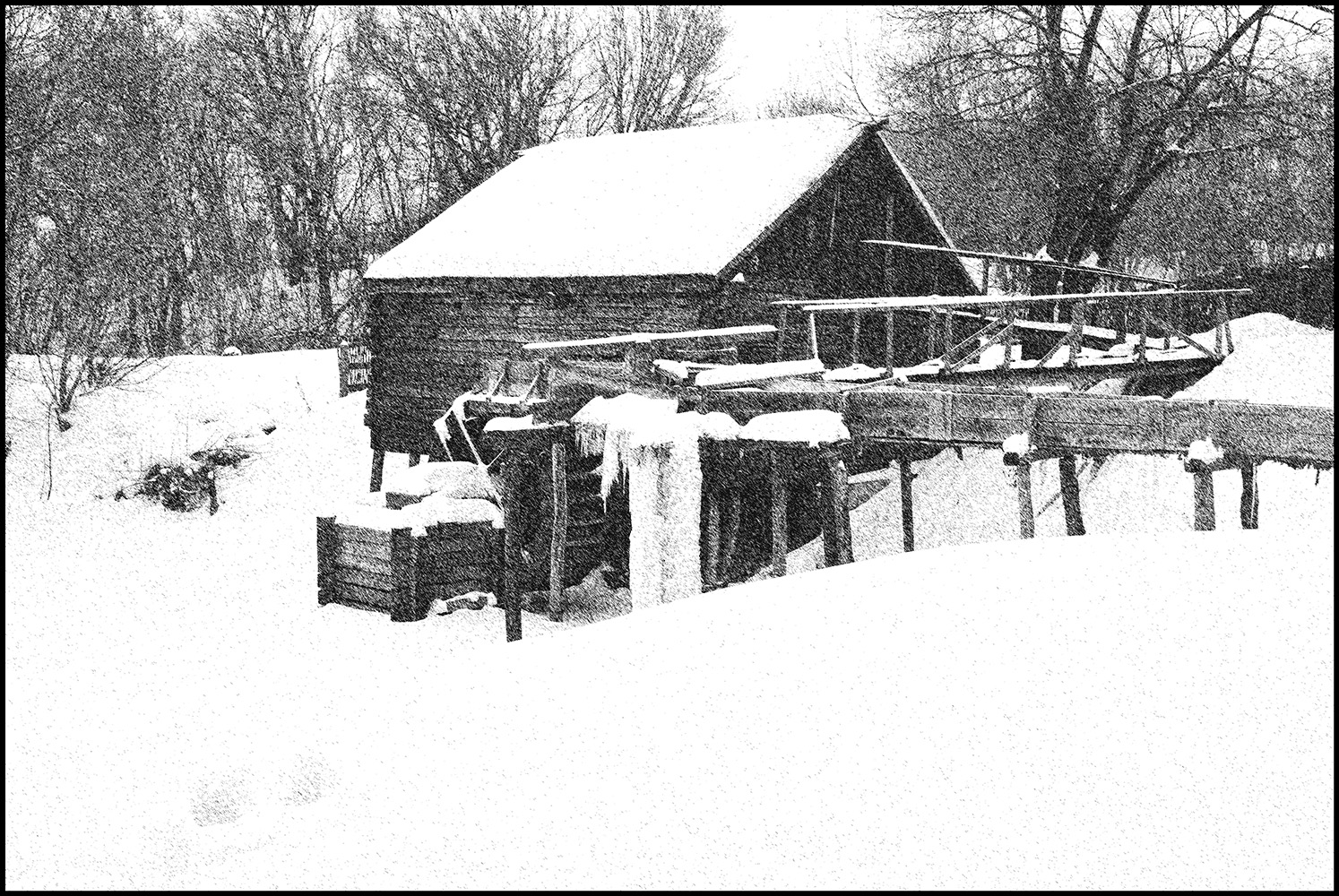 фото "Водяная мельница зимой." метки: пейзаж, зима, мельница, рисунок, снег