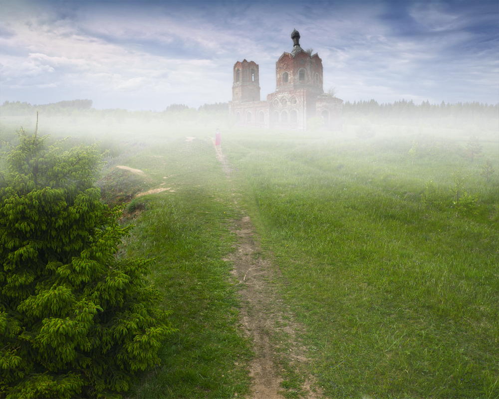 photo "***" tags: montage, genre, landscape, fog, grass, sky, temple, глубинка, человек