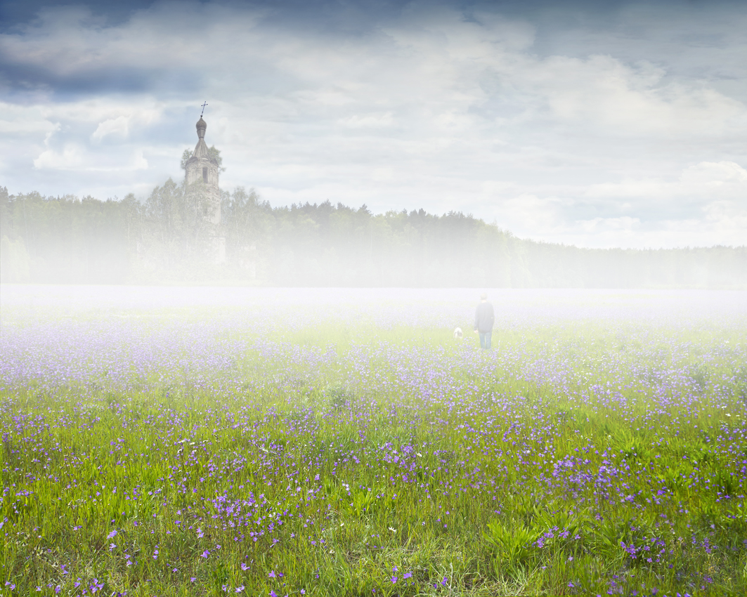 photo "***" tags: montage, landscape, genre, field, flowers, fog, forest, grass, sky, temple, руины, собака, человек