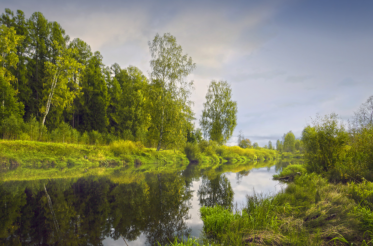 фото "Осень на реке" метки: пейзаж, природа, берег, вода, глубинка, деревья, лес, небо, осень, отражения, река, трава