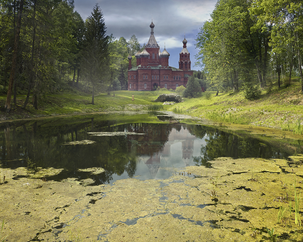 фото "Поверить" метки: пейзаж, архитектура, фотомонтаж, берег, вера, вода, глубинка, деревья, небо, отражения, постройки, пруд, трава, храм, человек