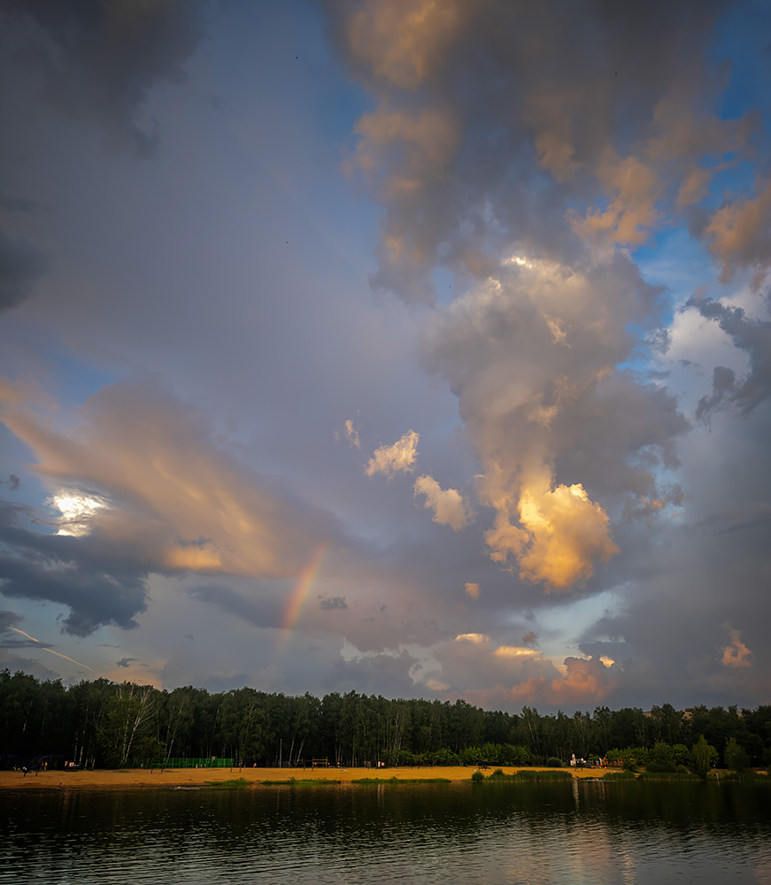 photo "***" tags: landscape, nature, clouds, lake, rain, rainbow, summer, sunset